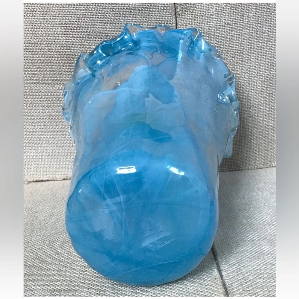 Blue Ripple Swirl Art Glass Vase Scalloped Asymmetrical Rim Beach Coastal Ocean